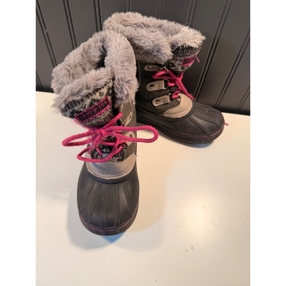 London Fog Tottenham Girls Winter Duck Boots Grey Pink Faux Fur Size 2 LFK004